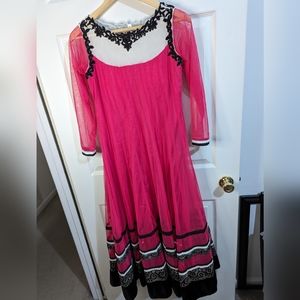 Indian Bollywood dress pink & black bead embroidery sheer sleeve (no Size Tag)